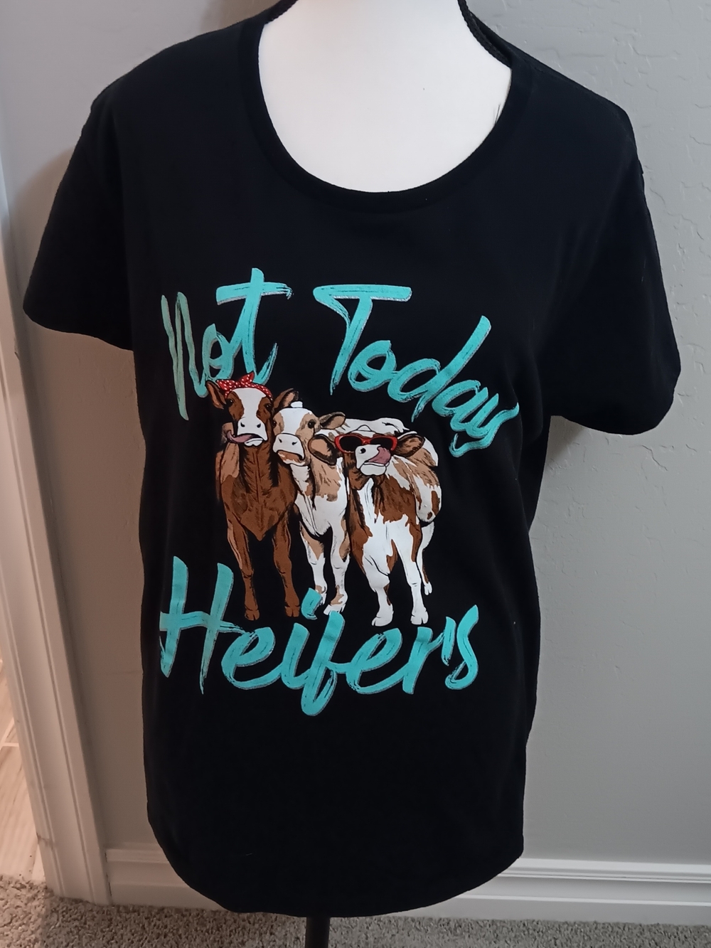 Gildan Black Tee with Turquoise "Not Today Heifers" Cow Graphic